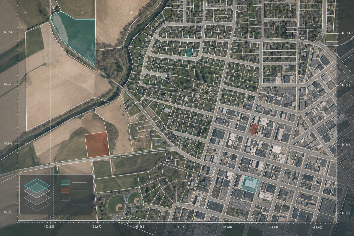Overhead map with parcel boundary overlays and highlighted parcels